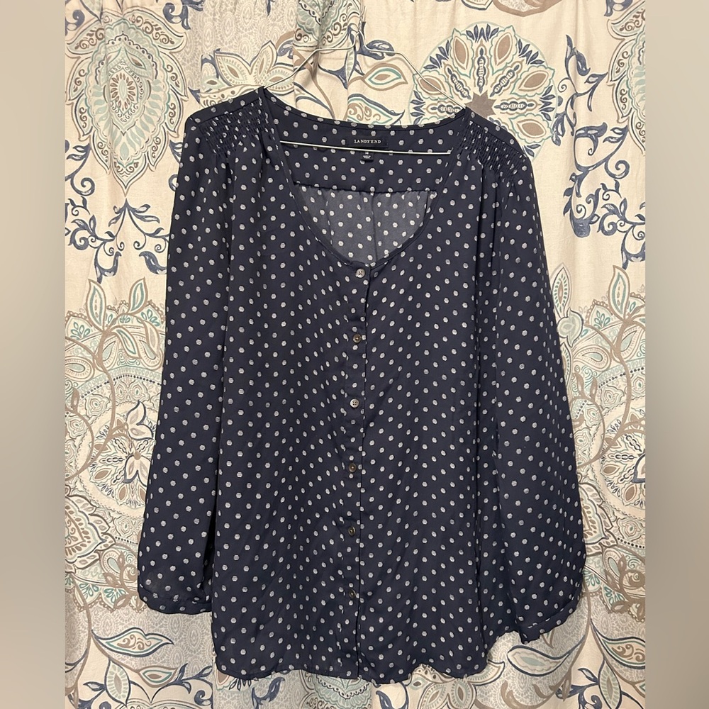 Lands End Dark Blue Polka Dot Blouse